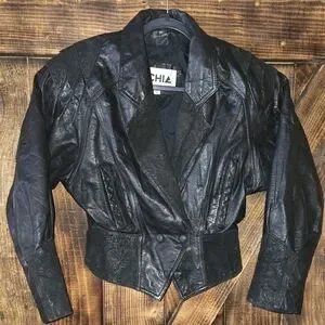 Vintage CHIA Black Leather Peplum Jacket Women’s Small Made in Korea